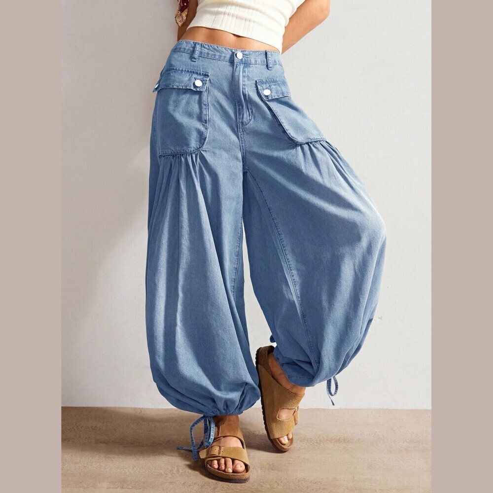 Blue Denim Cargo Pocket Cinched Balloon Leg Jeans